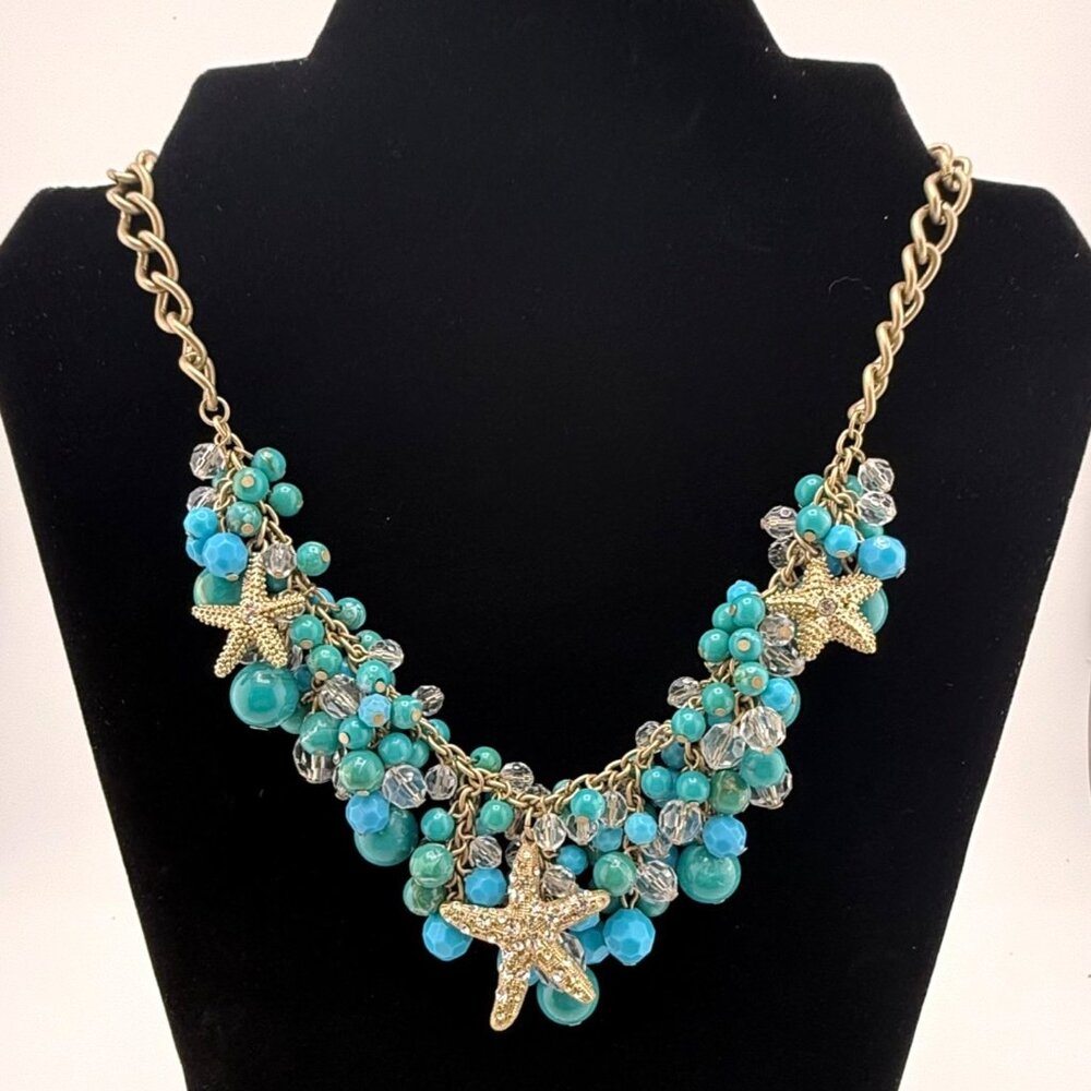 Vintage Starfish Charm Faux Turquoise Beaded Chunky Necklace W/ Gold Tone Chain,
